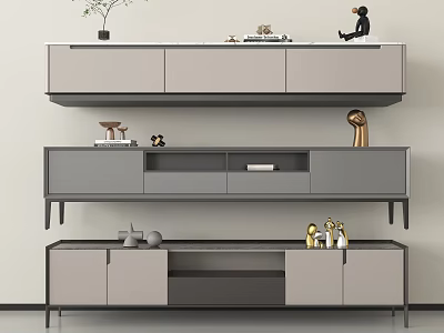 Modern Three Tiered TV Stand With Gray And Light Gray Design And Decorative Accents 3d model