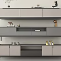 Modern Three Tiered TV Stand With Gray And Light Gray Design And Decorative Accents