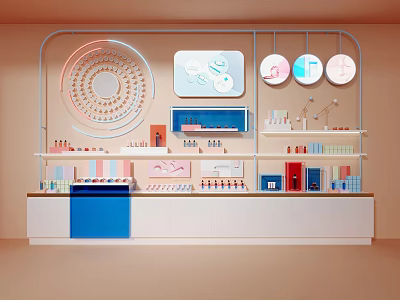 Modern White Display Shelves With Blue Drawers Multi Layer Cosmetics Circular Decor And Lighting 3d model