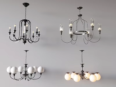 Various Design Chandeliers With Candle Shaped And Spherical Shades Metal Frames 3d model