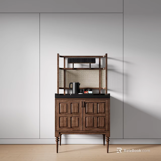 Wooden Decorative Cabinet Featuring Cabinet Doors Rattan Shelf with Kettle and Items Against Light Walls 3d model 