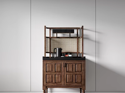 Wooden Decorative Cabinet Featuring Cabinet Doors Rattan Shelf with Kettle and Items Against Light Walls 3d model