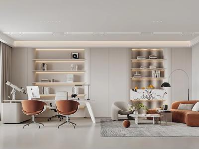 Modern Open Office Design With Bookshelves Desk Orange Chairs Sofa Rug And Floor Lamp 3d model