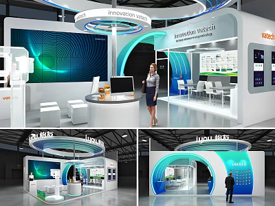 Modern Exhibition Booth With Blue White Circular Ceiling Large Digital Screen Reception Desk And Seating 3d model
