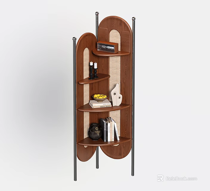 Modern Wooden Storage Shelf With Multiple Layers Metal Frame And Decorative Items 3d model 