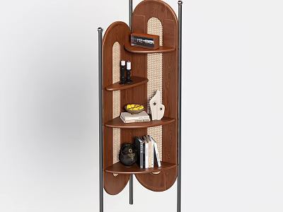 Modern Wooden Storage Shelf With Multiple Layers Metal Frame And Decorative Items 3d model