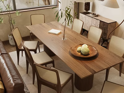 Walnut Dining Table Set With Beige Chairs And Decorative Cauliflower Bowl In Modern Interior Setting 3d model
