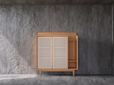 Wooden Entryway Side Cabinet With Lattice Doors Open Shelves Modern Minimalist Design Against Concrete Wall 3d model