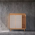 Wooden Entryway Side Cabinet With Lattice Doors Open Shelves Modern Minimalist Design Against Concrete Wall