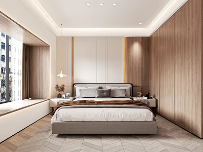 Modern Bedroom Interior With Wooden Walls King Bed And Chevron Flooring 3d model