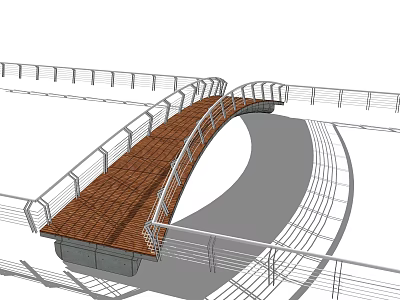 Modern Curved Pedestrian Bridge With Wooden Deck And Metal Railings Design 3d model