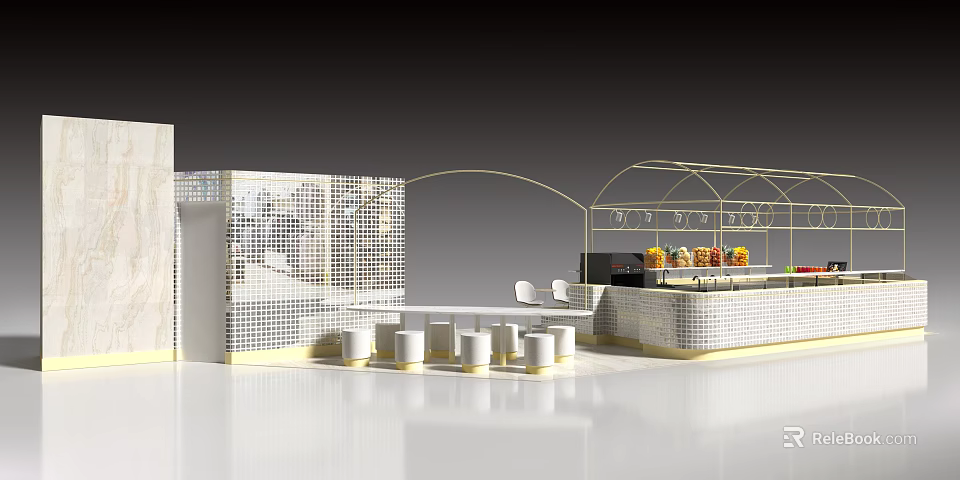 Modern Elegant Bubble Tea Shop Interior With Open Bar Counter And White Gold Seating Area 3d model 