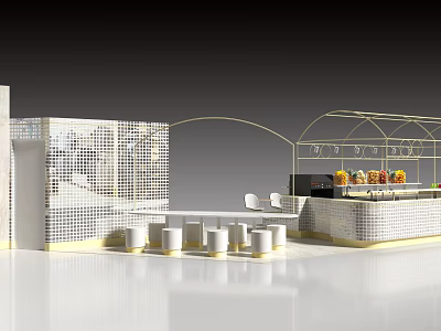 Modern Elegant Bubble Tea Shop Interior With Open Bar Counter And White Gold Seating Area 3d model