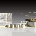 Modern Elegant Bubble Tea Shop Interior With Open Bar Counter And White Gold Seating Area