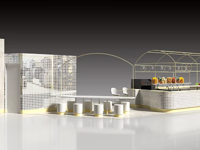 Modern Elegant Bubble Tea Shop Interior With Open Bar Counter And White Gold Seating Area 3d model