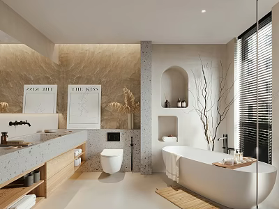 Modern Bathroom Interior Design With Freestanding Bathtub Stone Vanity Wooden Accents And Artwork 3d model