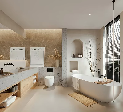 Modern Bathroom Interior Design With Freestanding Bathtub Stone Vanity Wooden Accents And Artwork 3d model