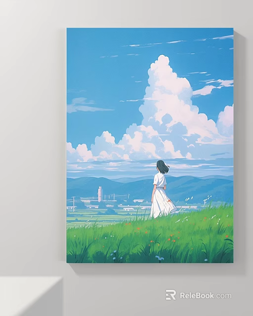 Abstract Painting Of Girl In White Dress Looking Afar Over Green Grass Blue Sky Clouds 3d model 