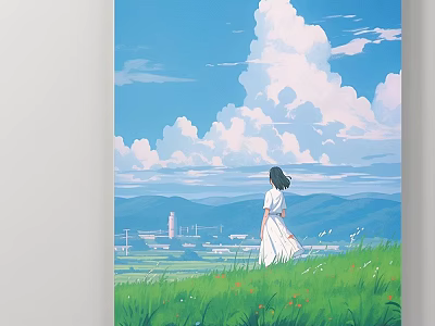 Abstract Painting Of Girl In White Dress Looking Afar Over Green Grass Blue Sky Clouds 3d model