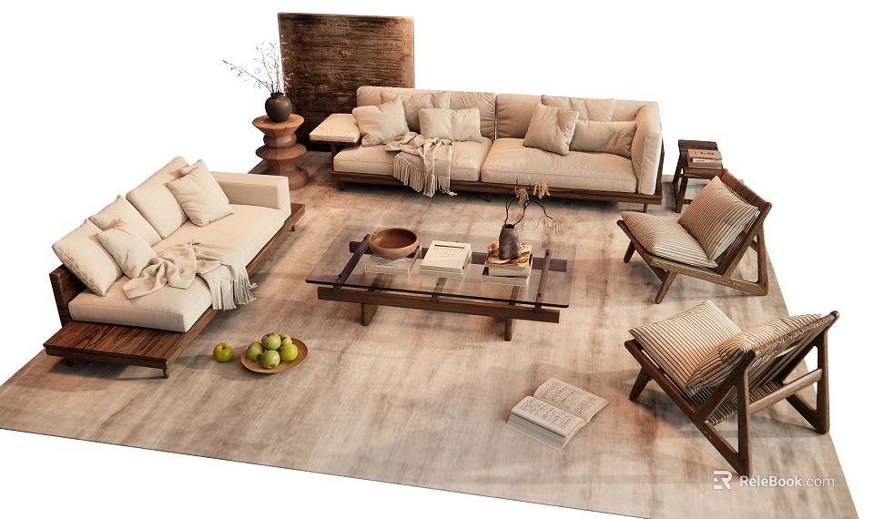 Modern Beige Sofa and Coffee Table Set with Wooden Frame Decorative Pillows and Side Chairs 3d model 