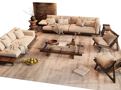 Modern Beige Sofa and Coffee Table Set with Wooden Frame Decorative Pillows and Side Chairs 3d model