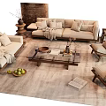 Modern Beige Sofa and Coffee Table Set with Wooden Frame Decorative Pillows and Side Chairs