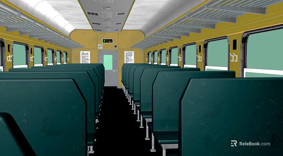 Spacious Train Interior With Green Seats Yellow Walls And Large Windows 3d model 