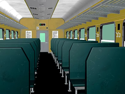 Spacious Train Interior With Green Seats Yellow Walls And Large Windows 3d model