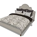 Double Bed With Upholstered Headboard Floral Bedding Multiple Pillows And Dark Trim 3d model