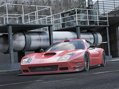 Red Sleek Sports Car Exterior With Industrial Metal Pipes And Concrete Background 3d model