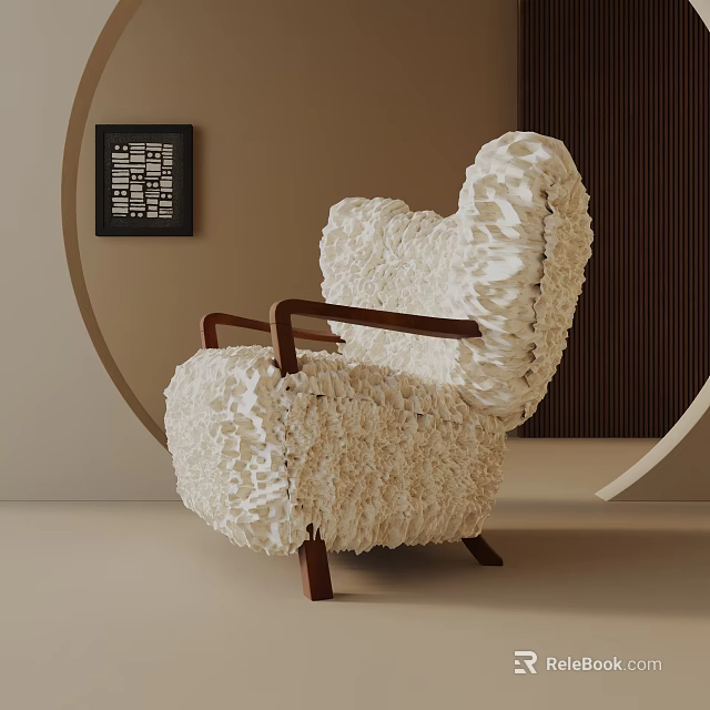 Cream Colored Leisure Chair With Ruffled Fabric And Wooden Armrests In Modern Space 3d model 