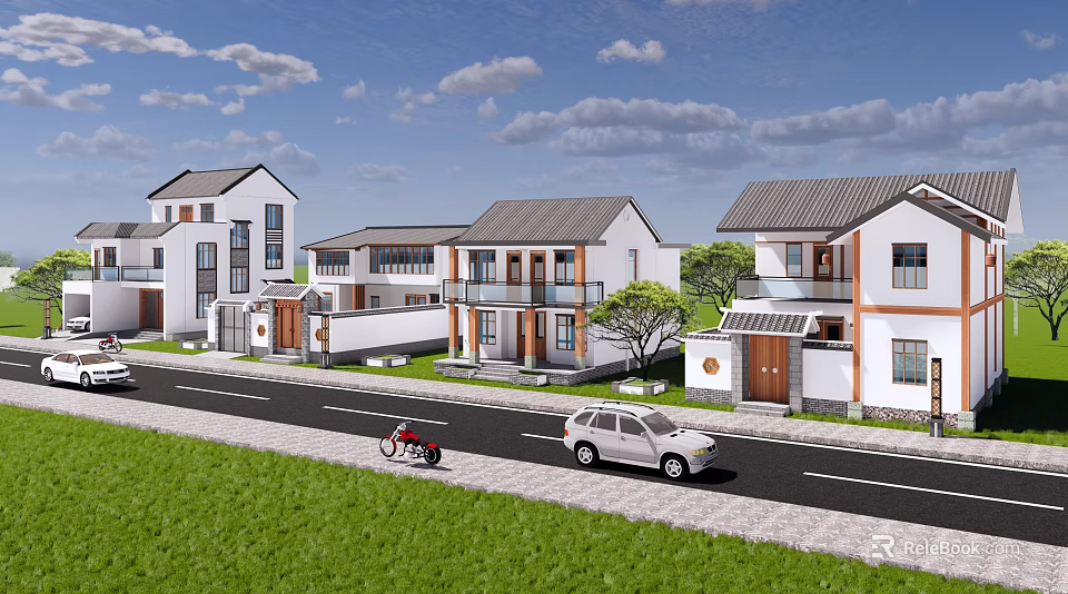 Modern Residential Houses With White Walls Gray Roofs Road Grass White Car And Bicycle 3d model 