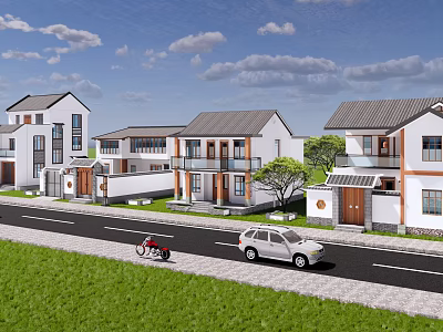 Modern Residential Houses With White Walls Gray Roofs Road Grass White Car And Bicycle 3d model