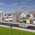 Modern Residential Houses With White Walls Gray Roofs Road Grass White Car And Bicycle