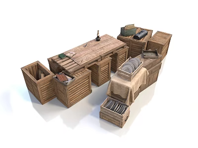 Rustic Wooden Dresser Set With Multiple Drawers And Decorative Bottles Cloth 3d model