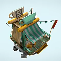 Cartoon Scene Floating Coffee Stand With Green Striped Awning Small Flags Wooden Platform Mechanical Support