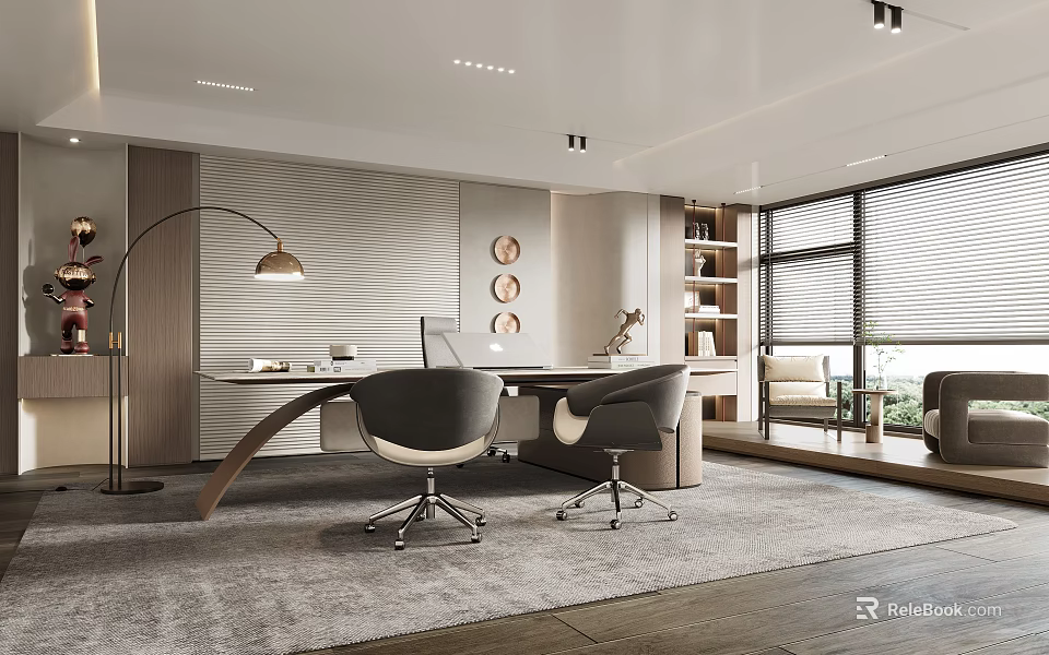 Modern Office Interior With Curved Desk Two Ergonomic Chairs Bookshelf And Floor Lamp 3d model 