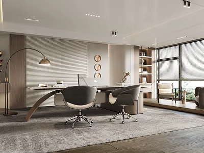 Modern Office Interior With Curved Desk Two Ergonomic Chairs Bookshelf And Floor Lamp 3d model