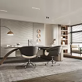 Modern Office Interior With Curved Desk Two Ergonomic Chairs Bookshelf And Floor Lamp