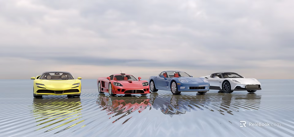 Colorful Sports Cars With Water Reflections Under Scenic Overcast Sky 3d model 