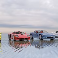 Colorful Sports Cars With Water Reflections Under Scenic Overcast Sky