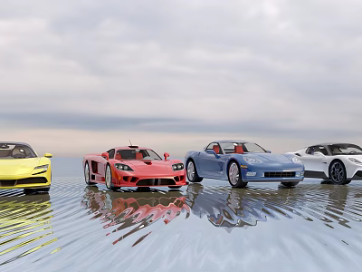 Colorful Sports Cars With Water Reflections Under Scenic Overcast Sky 3d model