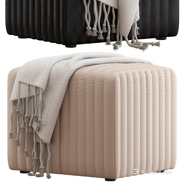 Black and Beige Square Stools with Pleated Design and Tasseled Blanket 3d model 