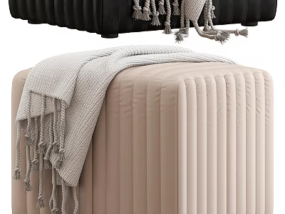 Black and Beige Square Stools with Pleated Design and Tasseled Blanket 3d model