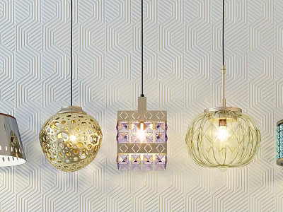 Various Stylish Pendant Lights With Metal Glass Woven Details Against Geometric Patterned Wall 3d model