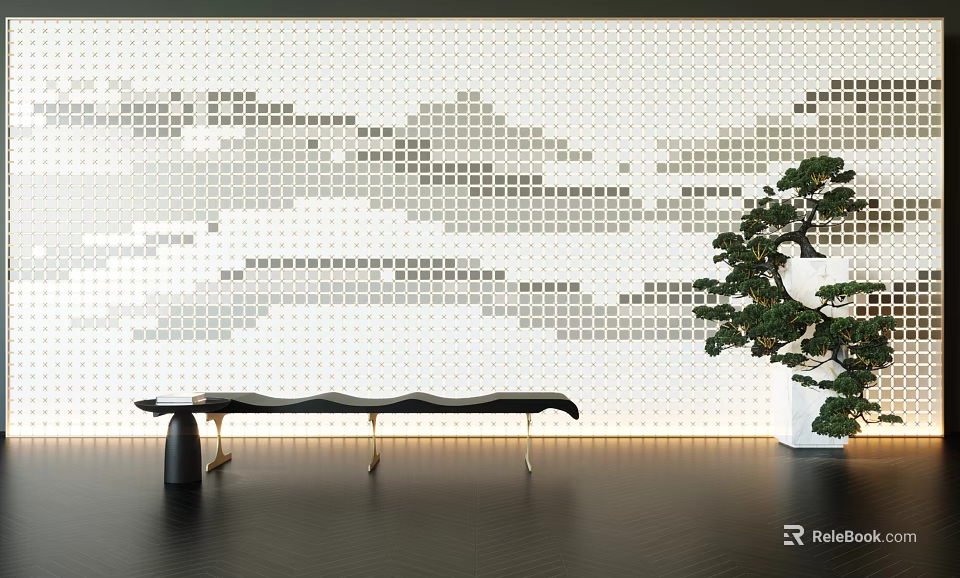 Modern Mosaic Wall with White and Gray Square Tiles Cloud Pattern Black Bench and Green Plant 3d model 