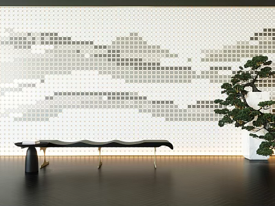 Modern Mosaic Wall with White and Gray Square Tiles Cloud Pattern Black Bench and Green Plant 3d model
