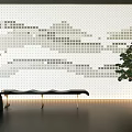 Modern Mosaic Wall with White and Gray Square Tiles Cloud Pattern Black Bench and Green Plant