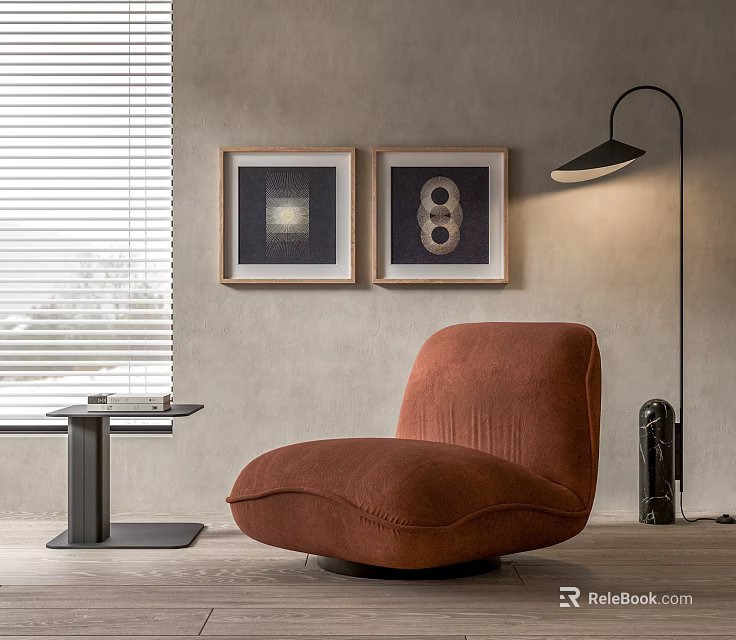 Brown Velvet Lazy Sofa With Gray Wall Two Framed Artworks Floor Lamp And Small Table 3d model 