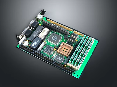 Detailed Computer Motherboard With Green Circuit Design Electronic Chips And Slots 3d model